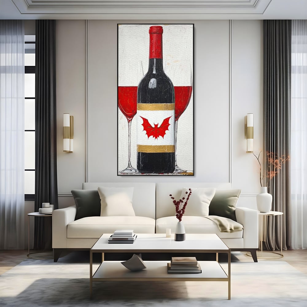 Tablou canvas cu tablou canvas cu sticla de vin si lilieci, in rama de aluminiu negru, pe perete intr-un living
